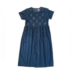 Vintage Embroidered Denim Maxi Dress- Large- Teacher Cottagecore Floral Boho